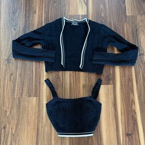 Blue Blush Black Cropped Cable Knit Cardigan with White Trim